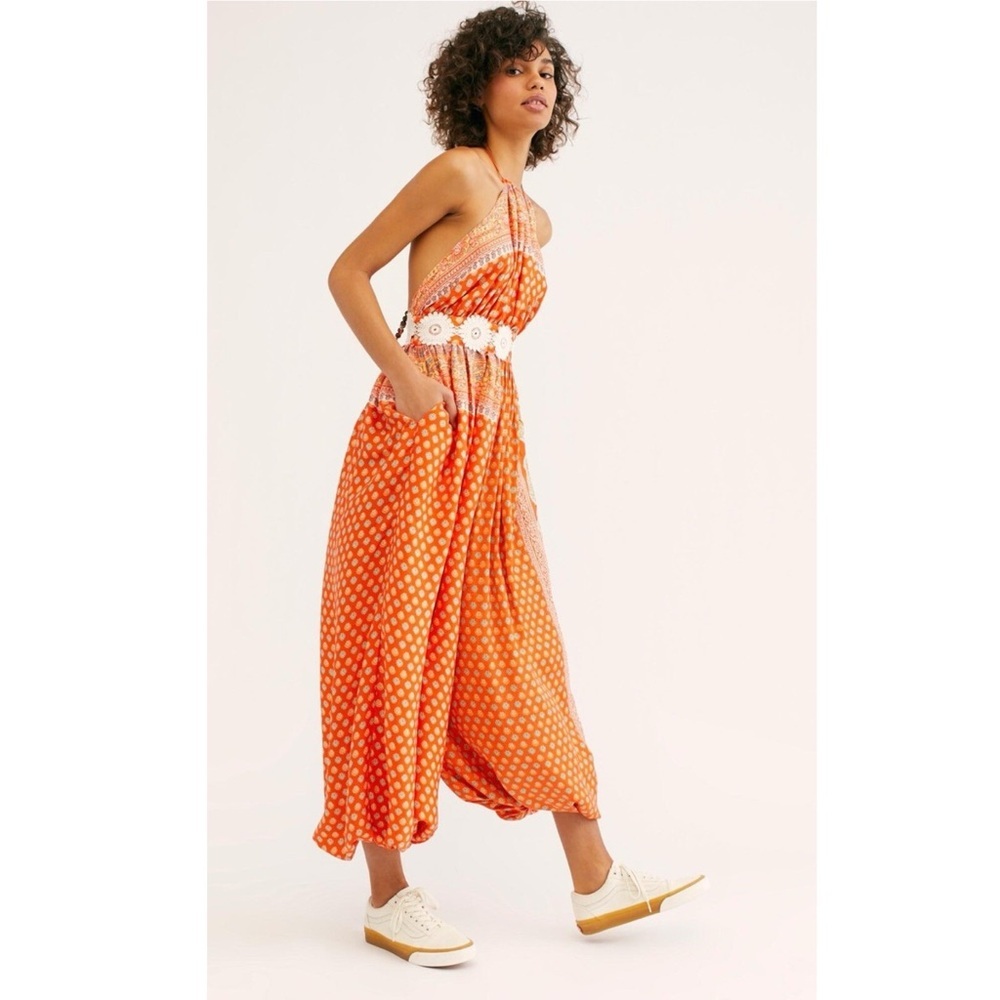 Free People Rising Sun Halter Onesie Orange Boho Wide Leg Small‎ Festival 70s